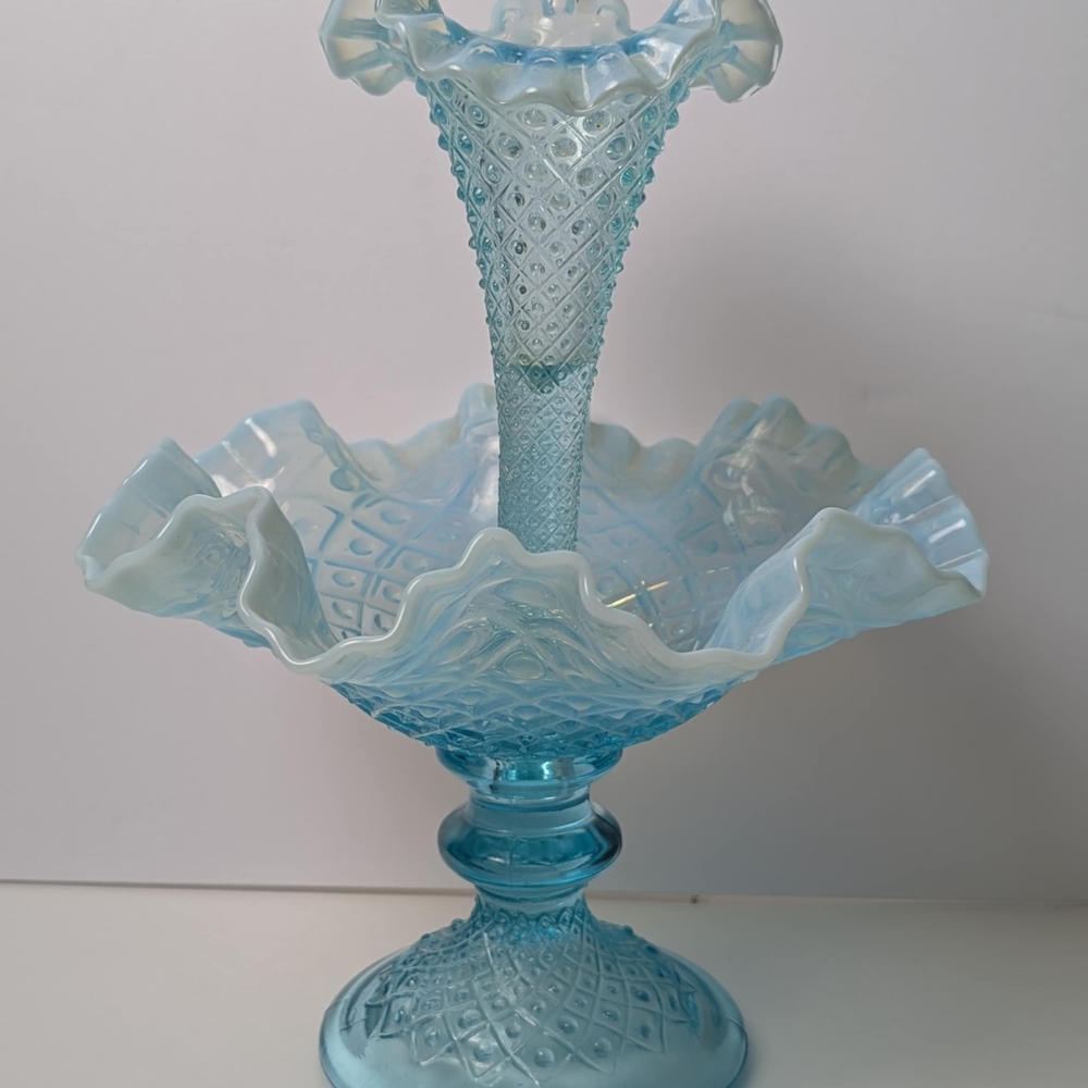 Vintage Fenton Sea Blue Opalescent Single Epergne Tulip Bud Vase Bowl